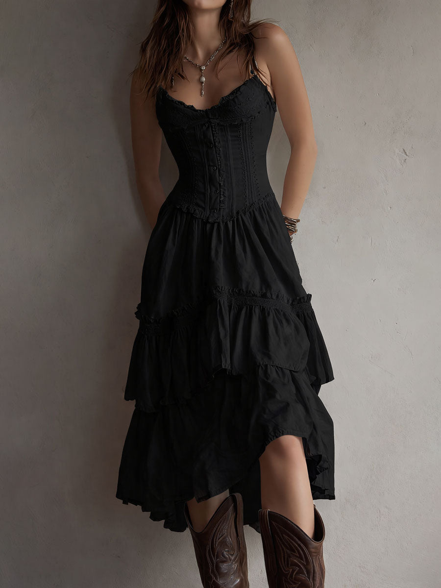Retro Boho Corset Tiered Midi Dress With Lace Trim