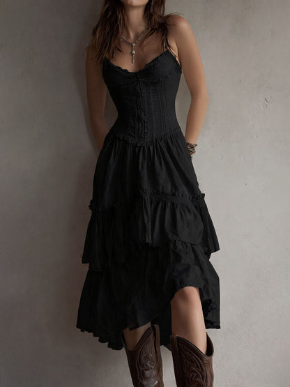 Retro Boho Corset Tiered Midi Dress With Lace Trim