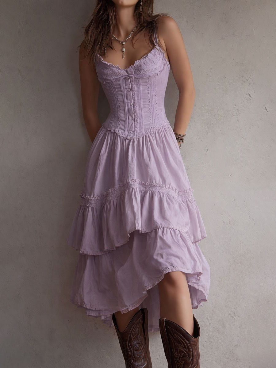 Retro Boho Corset Tiered Midi Dress With Lace Trim