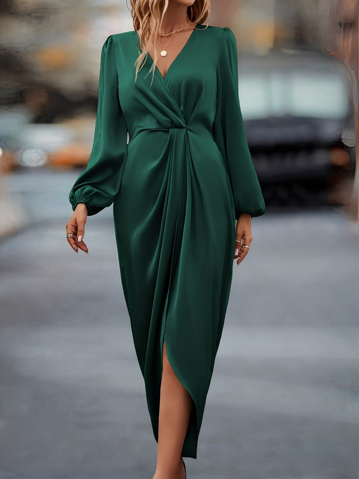 Women's Satin Look Wrap Dress with Belt - image 5
