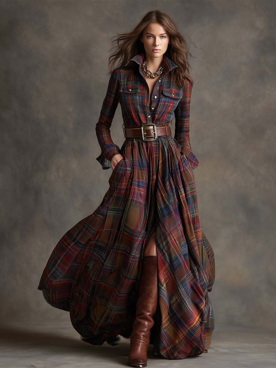 Women's Plaid Maxi Dress with Collar and Belt - image 6