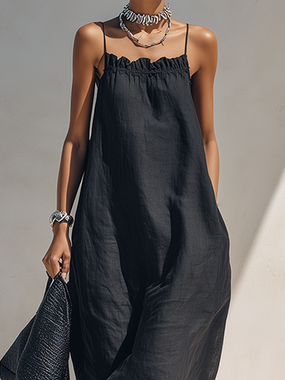 Women's Minimalist Solid Black Ruffle-Neck Maxi Dress With Spaghetti Straps MDZ1738F1ZRK