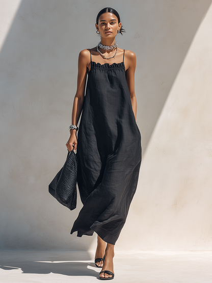 Women's Minimalist Solid Black Ruffle-Neck Maxi Dress With Spaghetti Straps MDZ1738F1ZRK