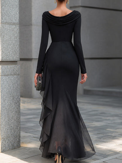 Black Draped Off Shoulder Cowl Neck Long Sleeve Chiffon Ruffle Mermaid Maxi Dress