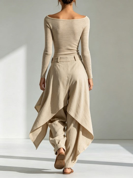 Éveline | Beige Boat Neck Top and Wide Ruffled Trousers Set