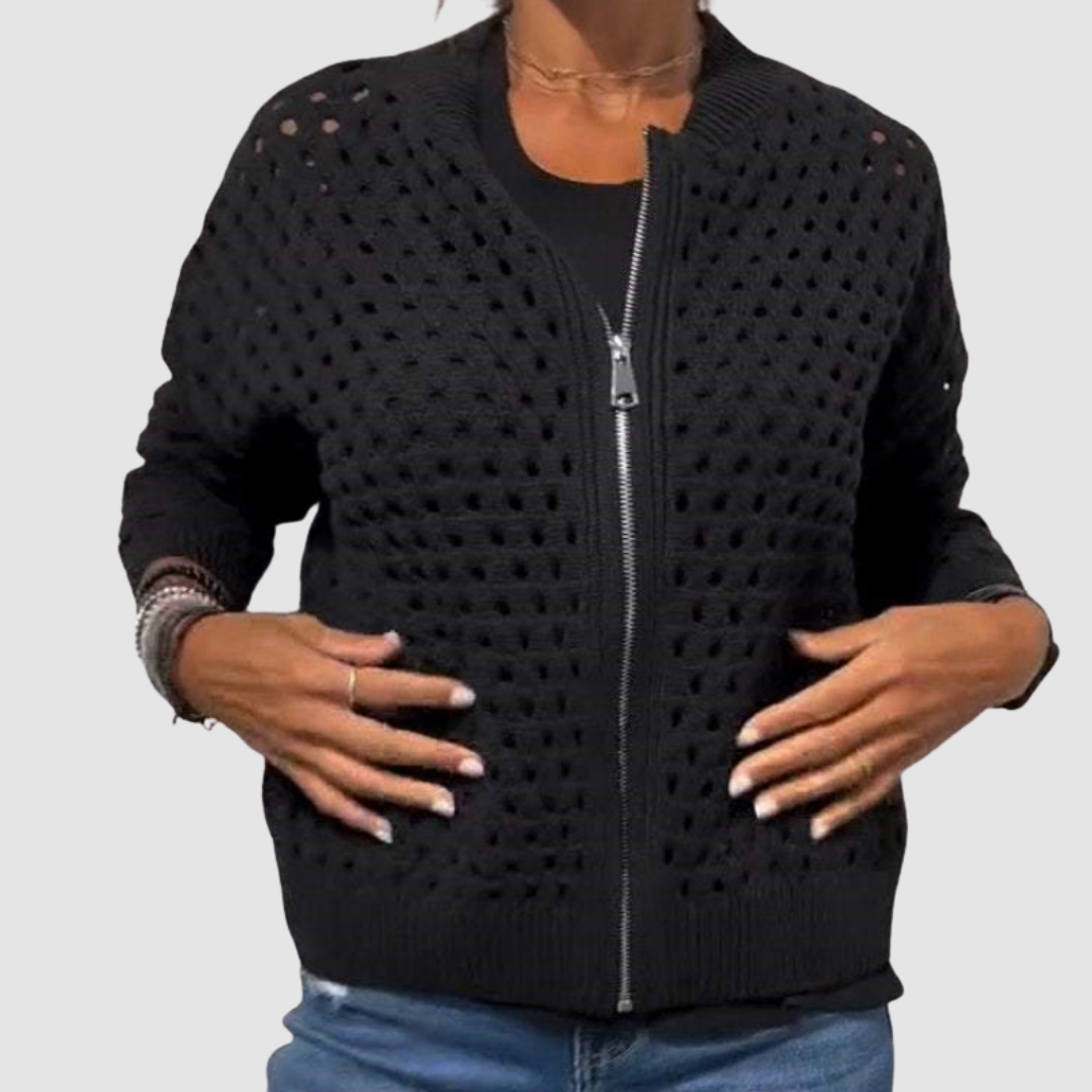 Women's Openwork Knit Cardigan with Zip Closure - image 2