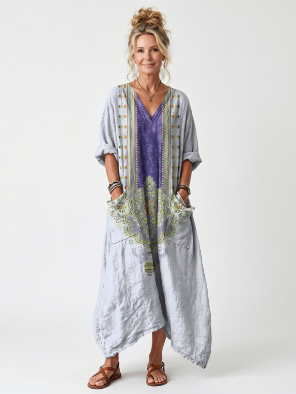 Raina | Contrast Panel Embroidered Oversized Pocket Midi Dress