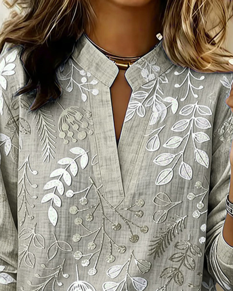 LILIANE™ - Botanical Print Open-Neck Blouse