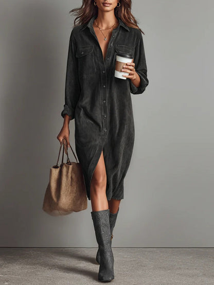 Béatrice | Midi Dress in Corduroy with Pockets and Single Button Closure