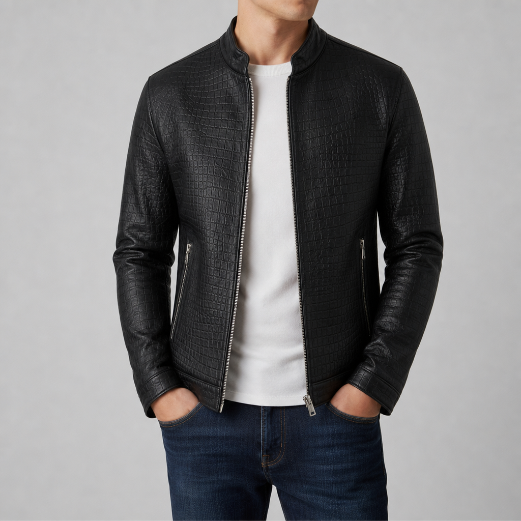 Men's Croc Effect Leather Look Jacket with Stand Collar and Zip Front - image 3