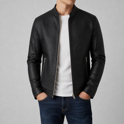 Men's Croc Effect Leather Look Jacket with Stand Collar and Zip Front - image 3