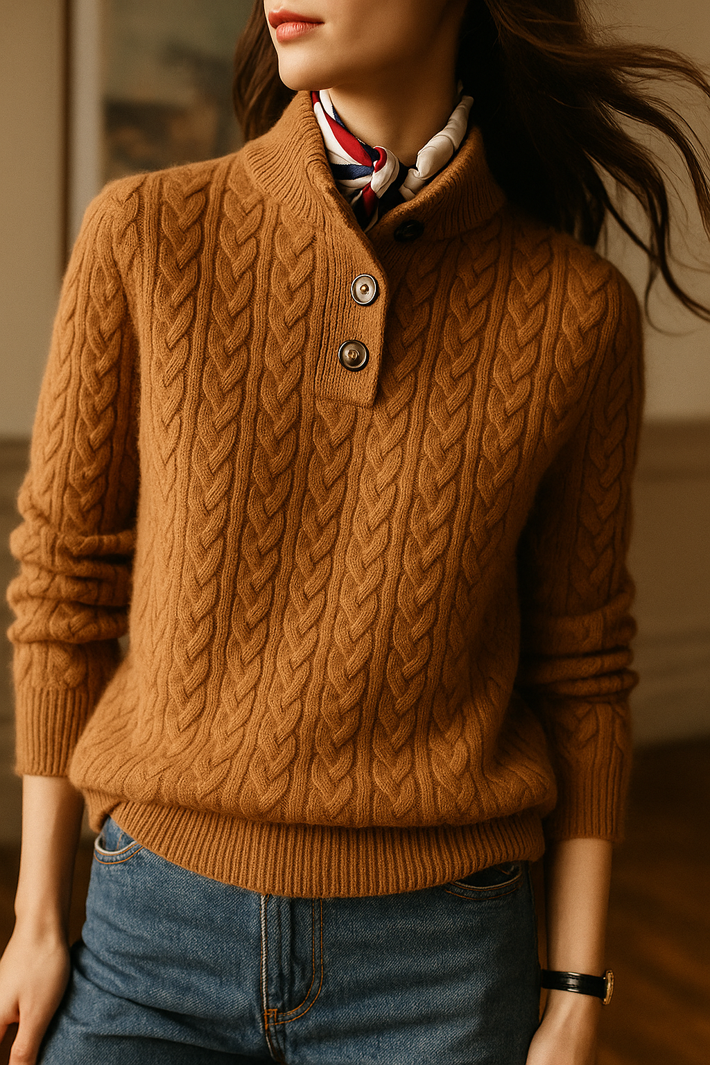 Women's Cable Knit Jumper with Button-Up Stand Collar - image 3