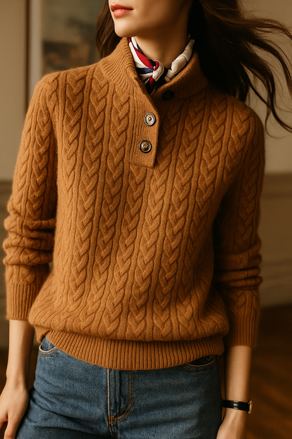 Women's Cable Knit Jumper with Button-Up Stand Collar - image 3