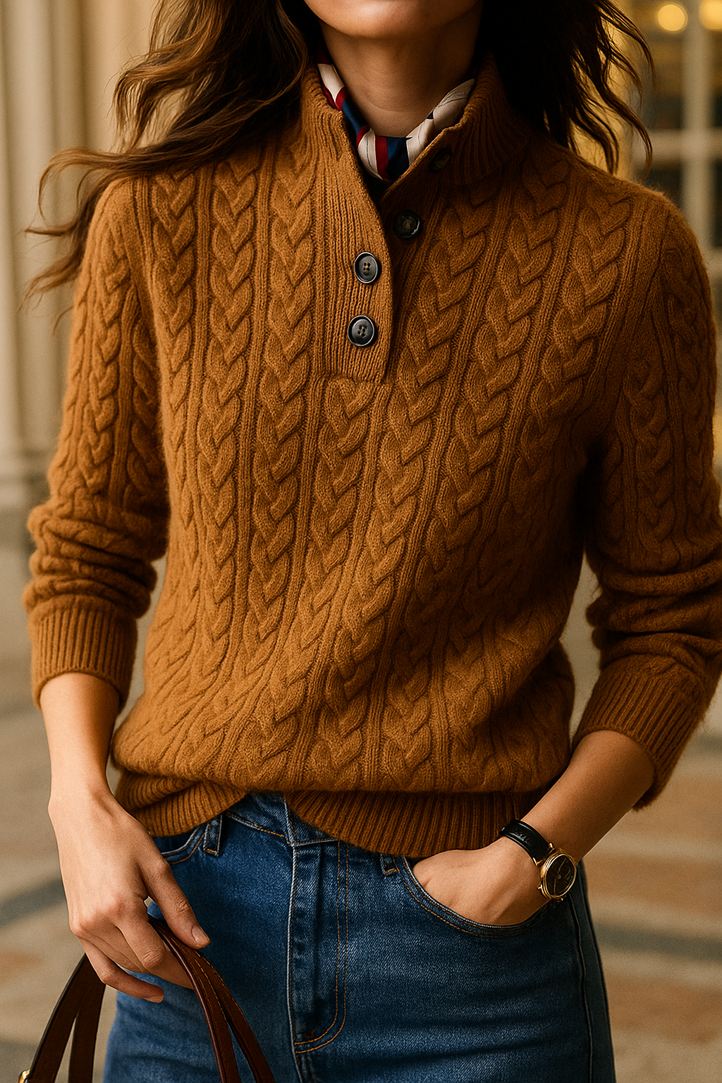 Women's Cable Knit Jumper with Button-Up Stand Collar - image 2