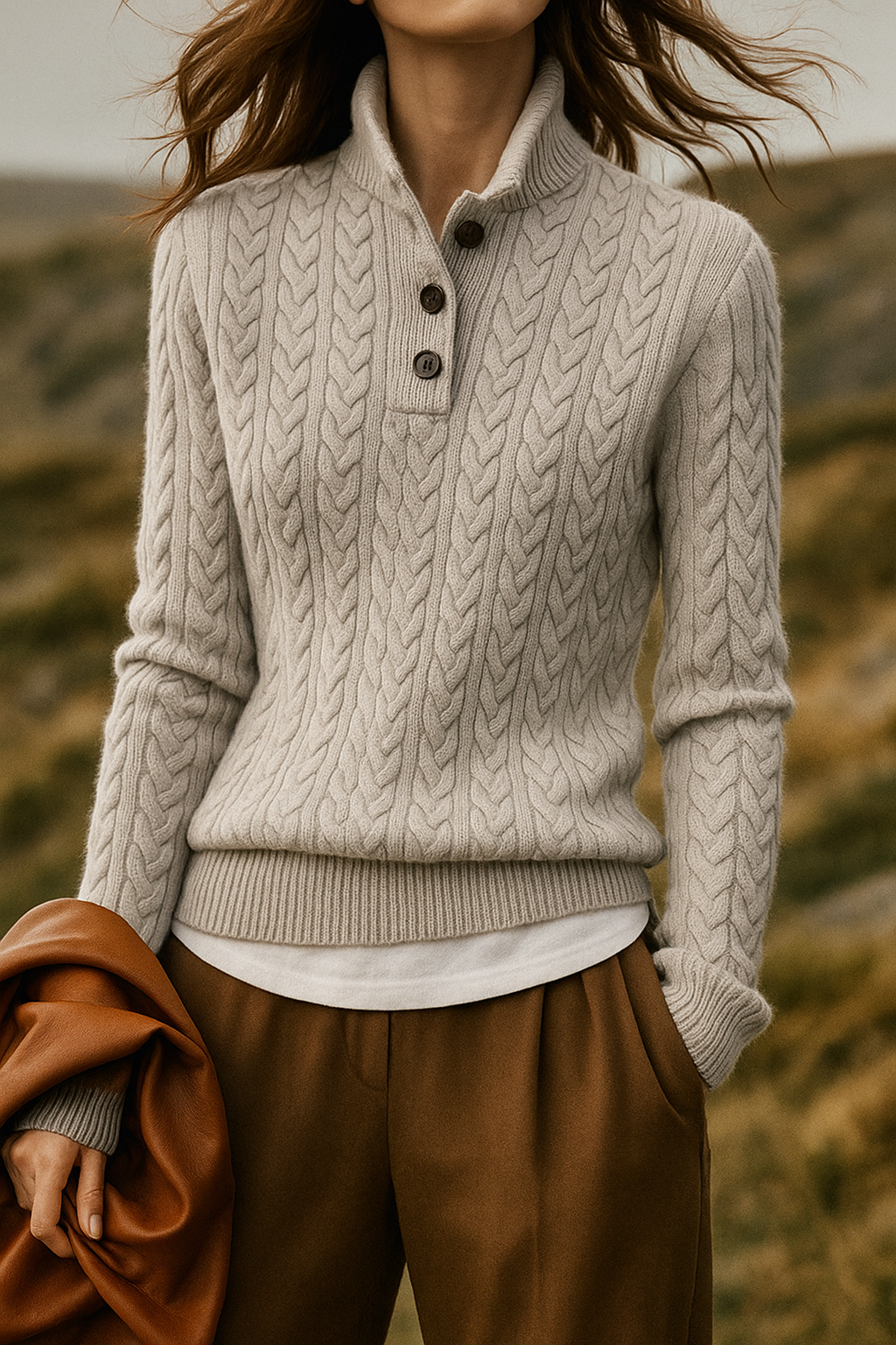 Women's Cable Knit Jumper with Button-Up Stand Collar - image 11