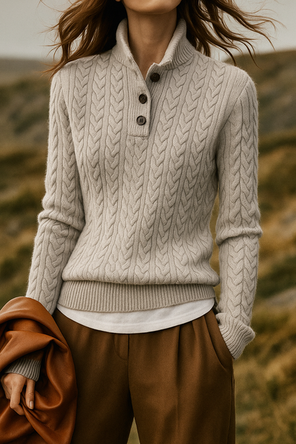 Women's Cable Knit Jumper with Button-Up Stand Collar - image 11