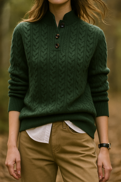 Women's Cable Knit Jumper with Button-Up Stand Collar - image 6