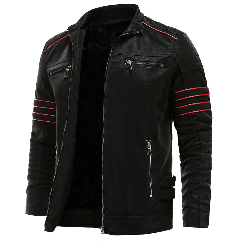Men's Leather Look Zip Jacket in Black with Red Stripes and Zipped Pockets - image 1