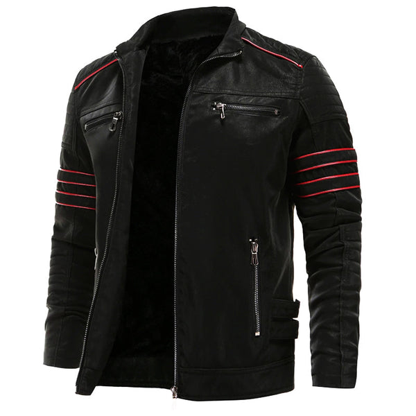 Men's Leather Look Zip Jacket in Black with Red Stripes and Zipped Pockets - image 1