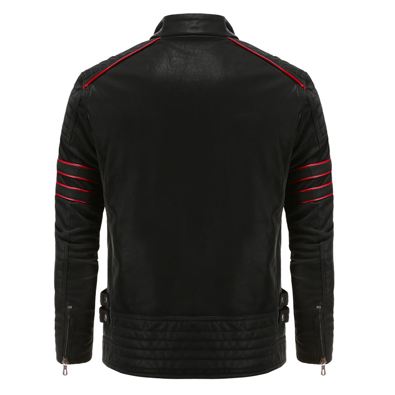 Men's Leather Look Zip Jacket in Black with Red Stripes and Zipped Pockets - image 2