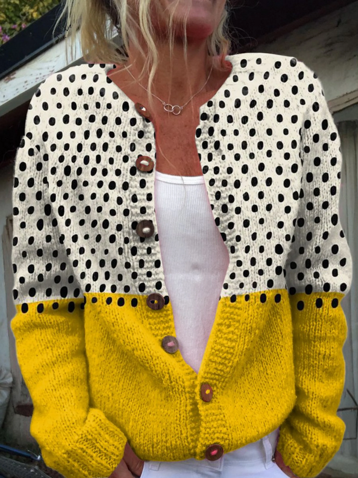 Women's Polka Dot Colourblock Knit Cardigan - image 1