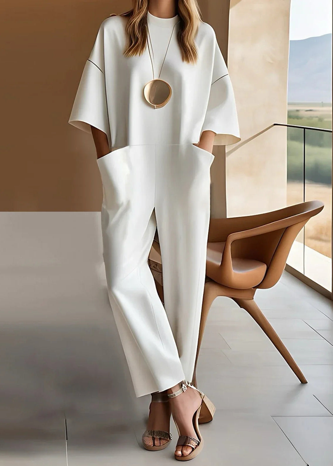 Women's Short Sleeve Jumpsuit with Straight Leg and Pendant Detail - image 1