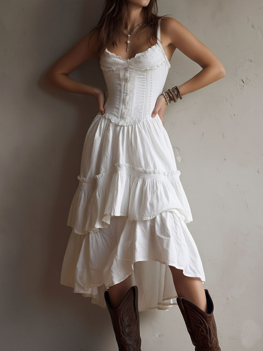Retro Boho Corset Tiered Midi Dress With Lace Trim