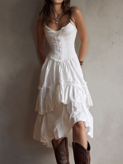 Retro Boho Corset Tiered Midi Dress With Lace Trim