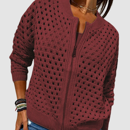 Women's Openwork Knit Cardigan with Zip Closure - image 6