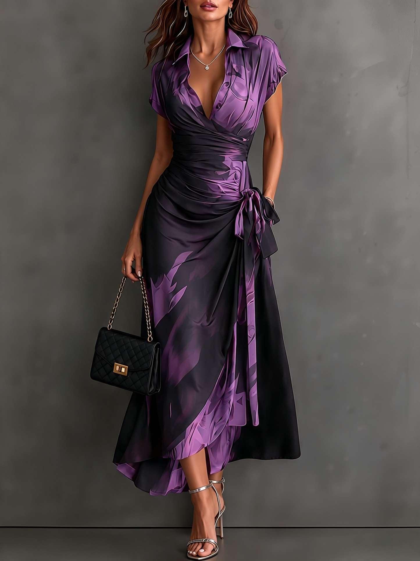 Rosanna | Midi dress with abstract print, V-neck, short sleeves, belt and asymmetric hem with frill.