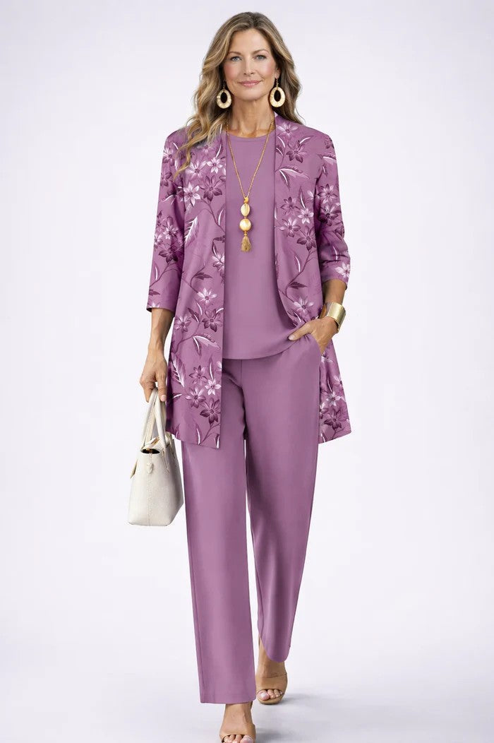 Women's Three-Piece Set with Patterned Open-Front Cardigan - image 4