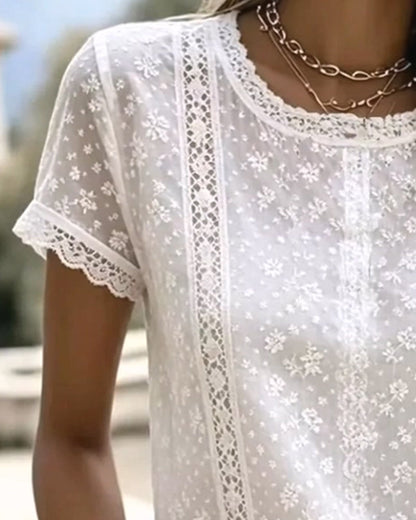 AMÉLIE™ - Lace Panel Round-Neck Blouse