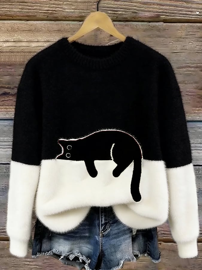 Women's Knit Jumper with Cat Graphic - image 3