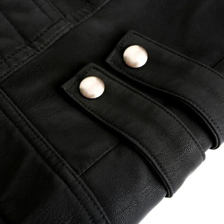 Men's Leather Look Zip Jacket in Black with Red Stripes and Zipped Pockets - image 4