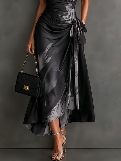 Red Black Abstract Print Wrap Midi Dress Collared V Neck Short Sleeve Tie Waist Ruffled High‑Low Hem Dress