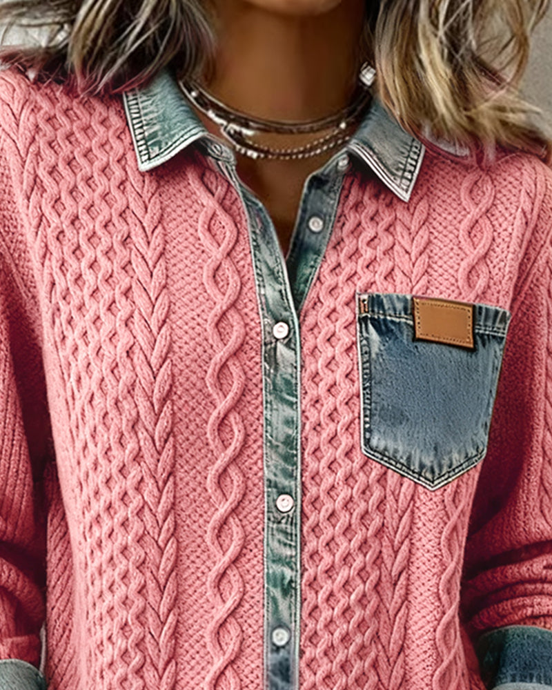 Women's Knit Jumper with Denim Look Collar - image 8