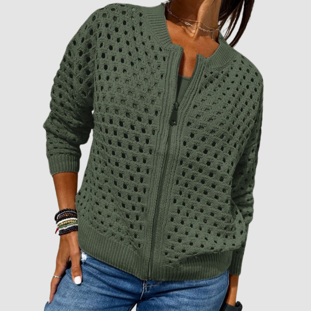 Women's Openwork Knit Cardigan with Zip Closure - image 3