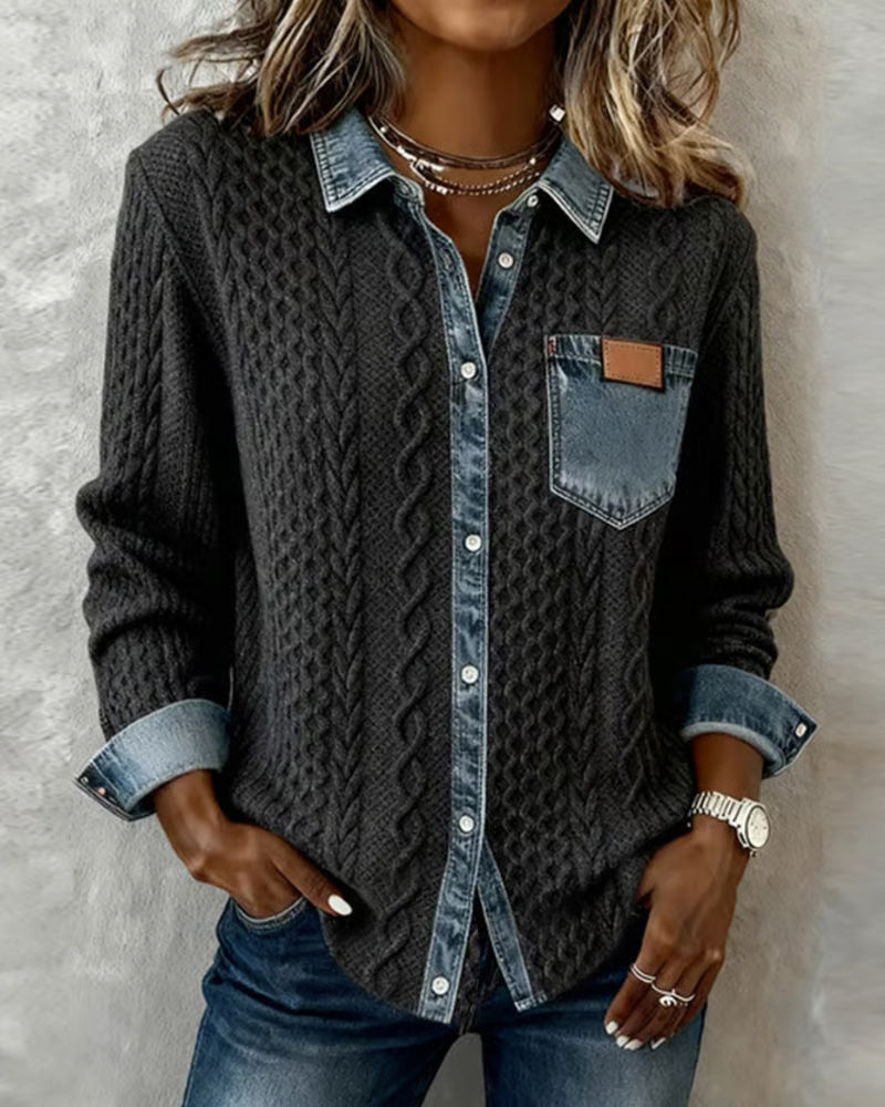 Women's Knit Jumper with Denim Look Collar - image 3