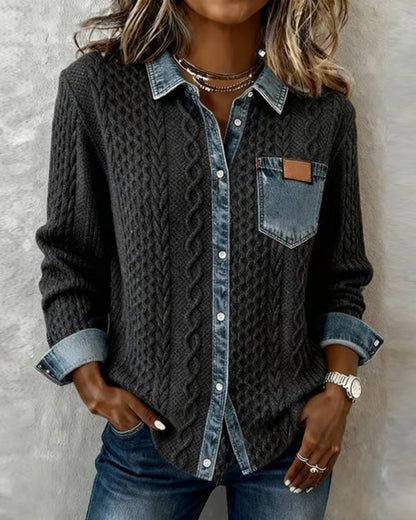 Women's Knit Jumper with Denim Look Collar - image 3