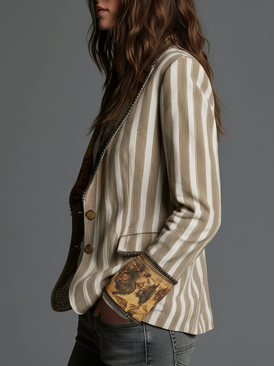 Suzanne | Striped Bohemian Blazer with Printed Collar