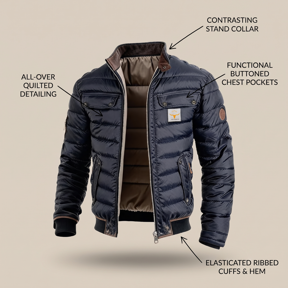 Men's Quilted Jacket with Contrast Stand Collar - image 3