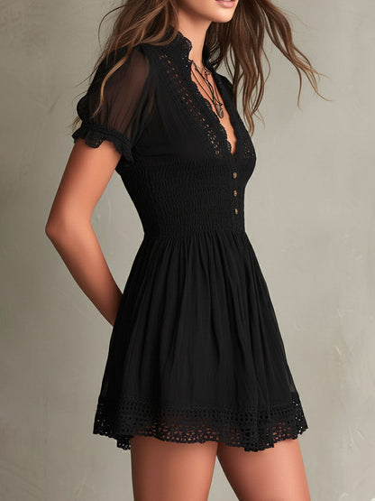 Classic Muse Smocked Lace-Trim Black Mini Dress