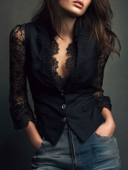 Noémie | Black Blazer Top with Semi-Transparent Sleeves