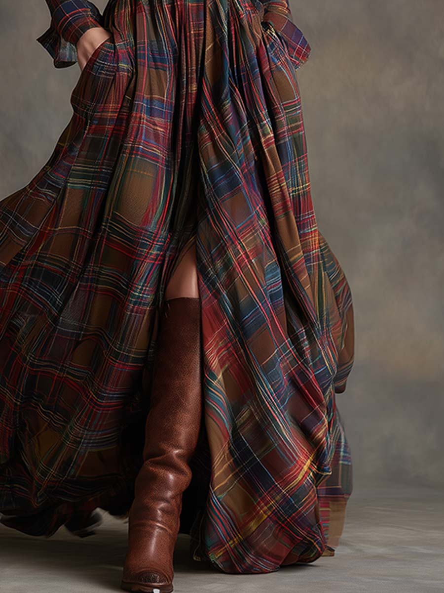 Women's Plaid Maxi Dress with Collar and Belt - image 8