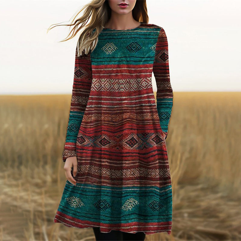 Women's Long Sleeve Midi Dress with Round Neck and Geometric Print in Multicolour - image 2