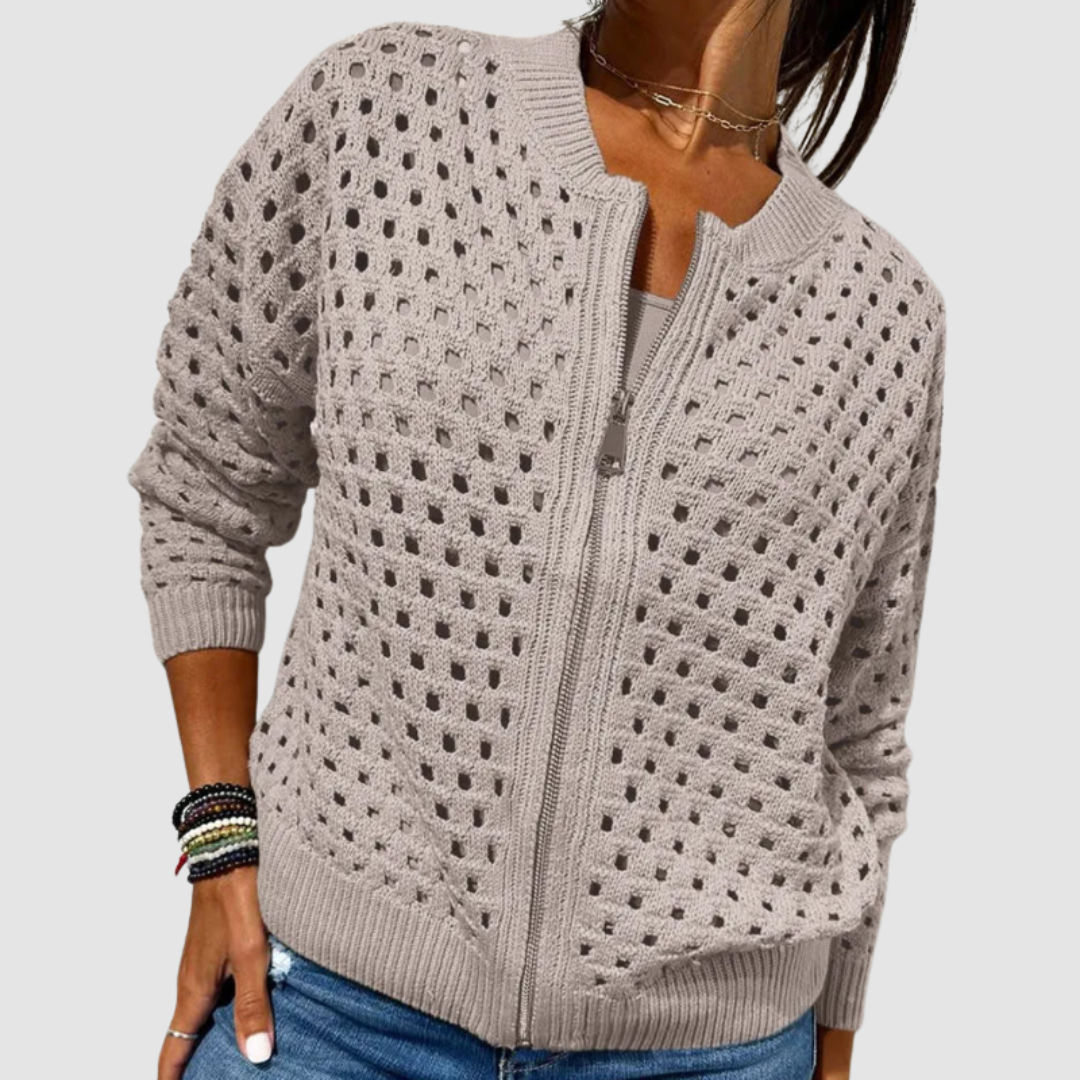 Women's Openwork Knit Cardigan with Zip Closure - image 4