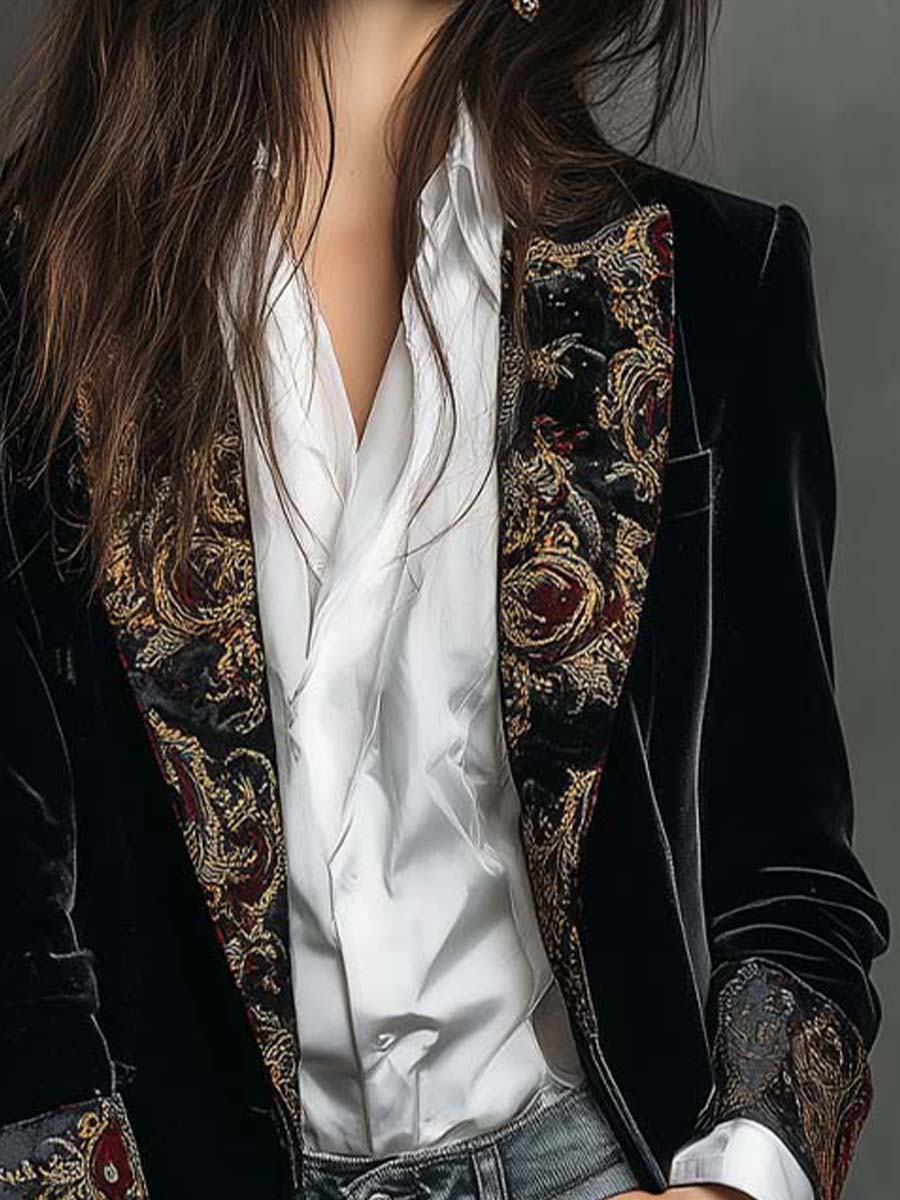 Léontine | Fitted Baroque Print Black Blazer