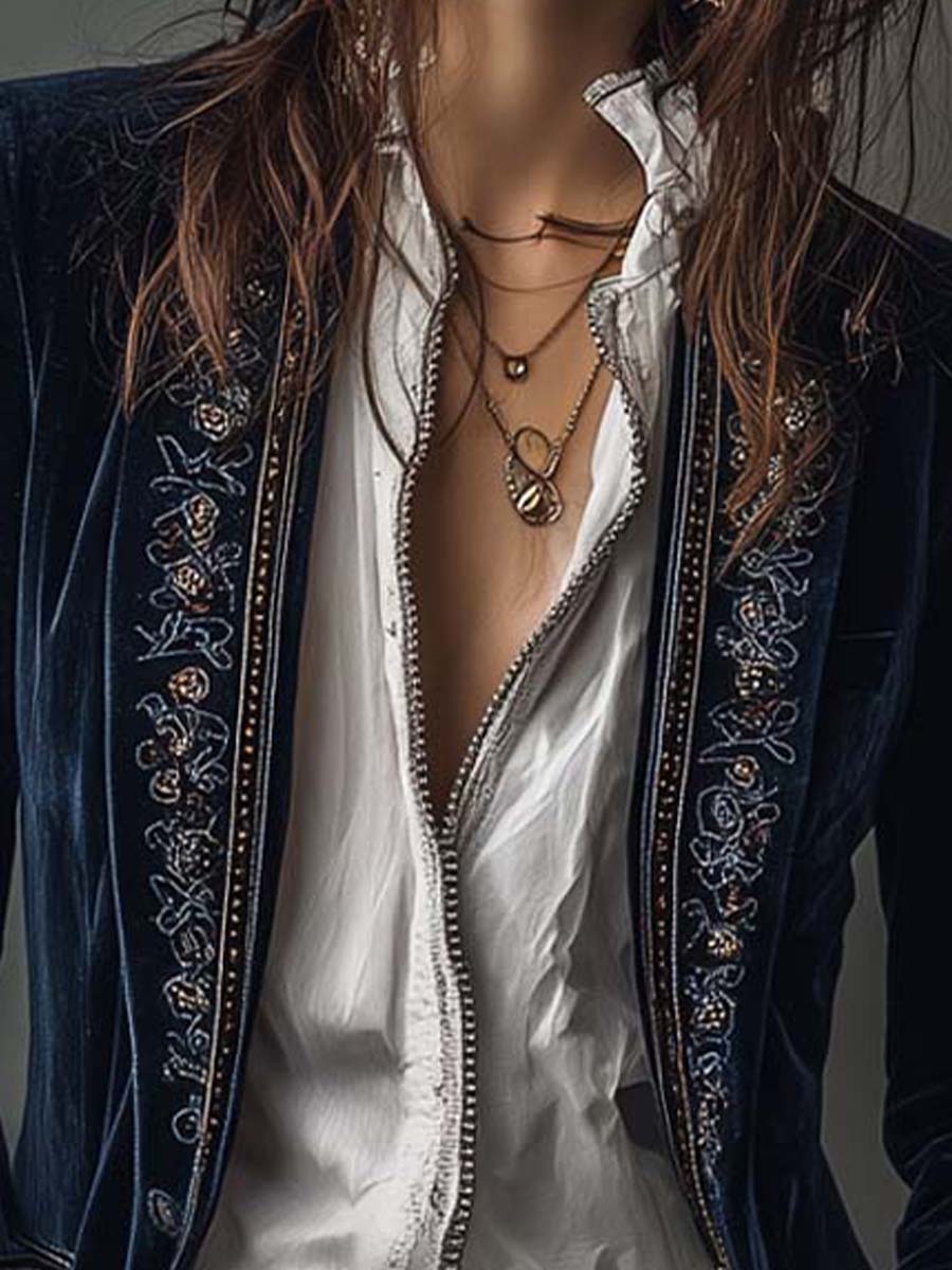 Athénaïs | Vintage Navy Blue Embroidered Long Jacket