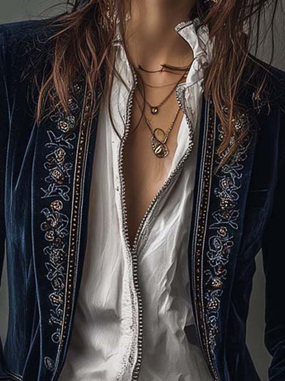 Athénaïs | Vintage Navy Blue Embroidered Long Jacket