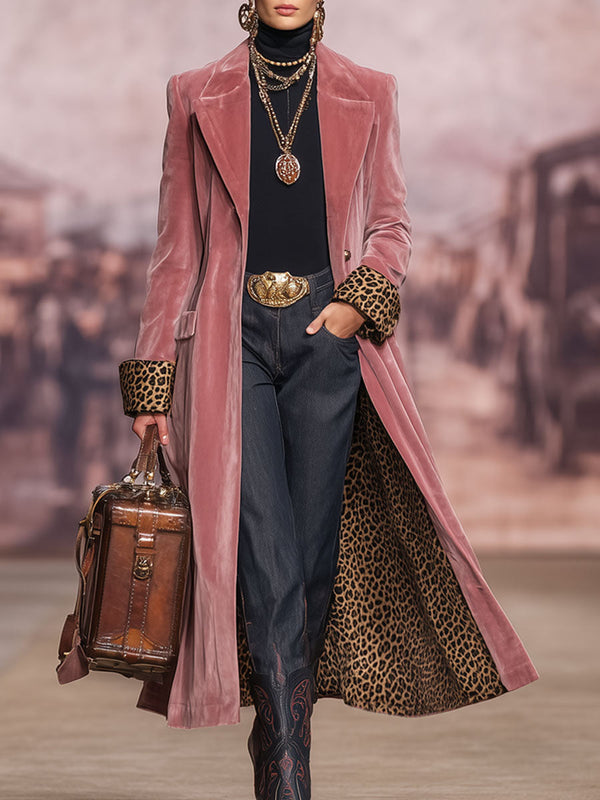 Women's Velvet Look Single-Breasted Coat with Leopard Print Panels - image 1